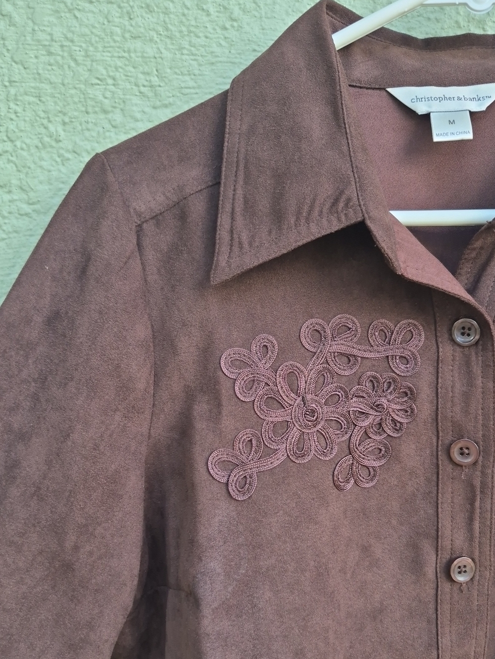 Christopher & Banks Ladies Vintage Plum Faux Suede Embroidered Shirt/Jacket